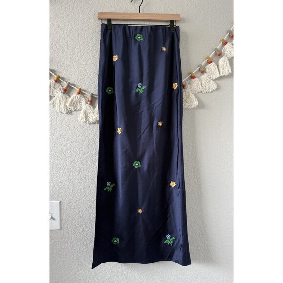 Emory Park Satin Silky Slip Midi Skirt Embroidered Ditsy Floral Navy Pull On M - Picture 2 of 8